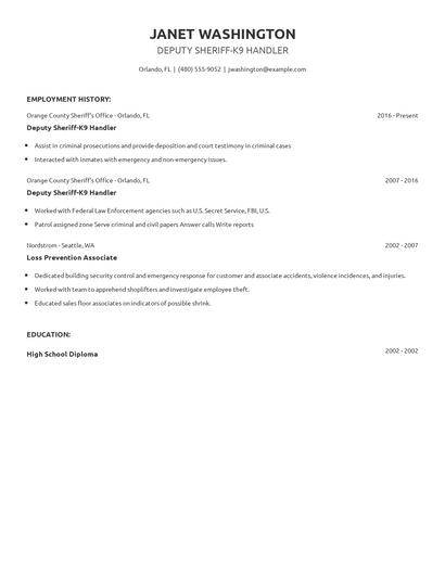 Deputy Sheriff-K9 Handler Resume