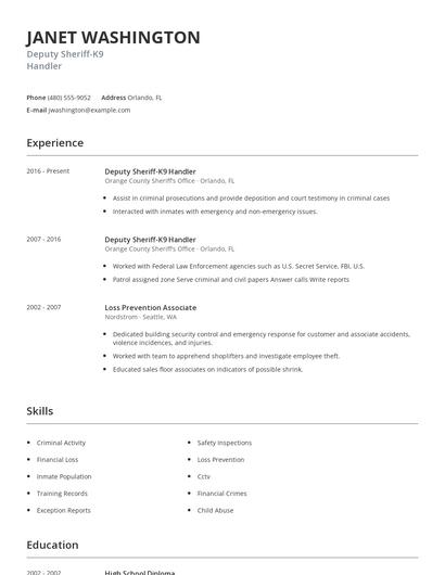 Deputy Sheriff-K9 Handler Resume
