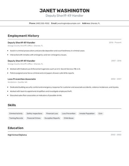 Deputy Sheriff-K9 Handler Resume