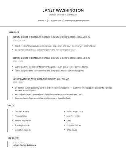 Deputy Sheriff-K9 Handler Resume