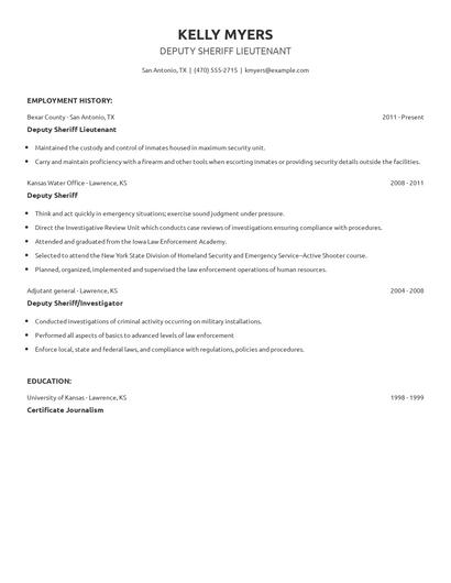 Deputy Sheriff Lieutenant Resume