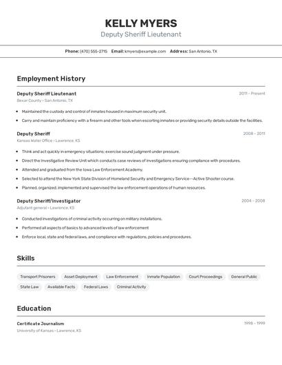 Deputy Sheriff Lieutenant Resume