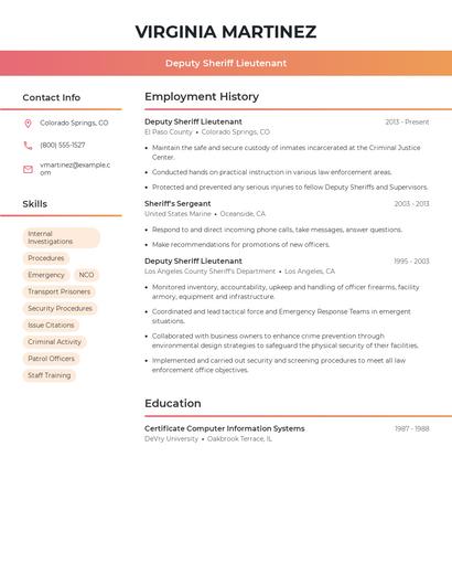 Deputy Sheriff Lieutenant Resume