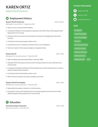 Deputy Sheriff Lieutenant Resume