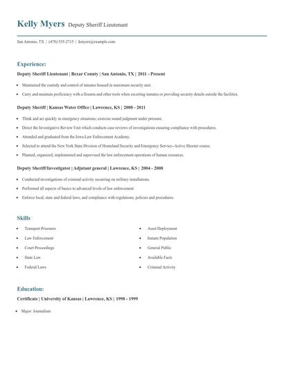Deputy Sheriff Lieutenant Resume