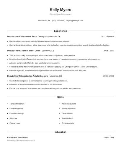 Deputy Sheriff Lieutenant Resume