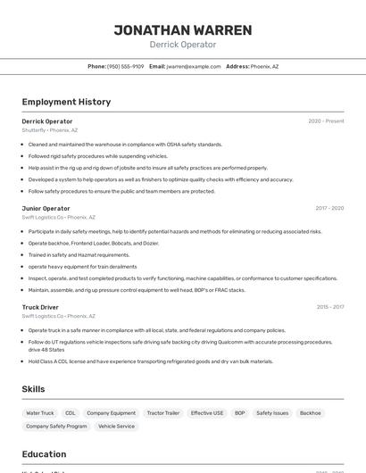 Derrick Operator Resume