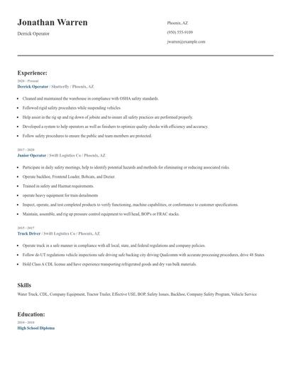 Derrick Operator Resume