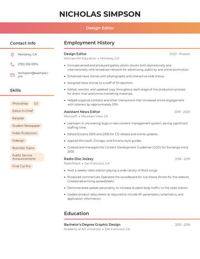 Design Editor Resume