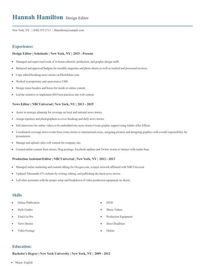 Design Editor Resume