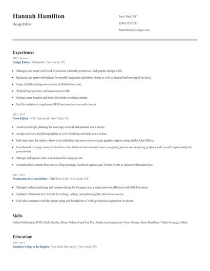 Design Editor Resume