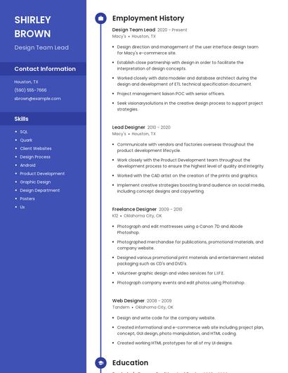 Design Team Lead Resume