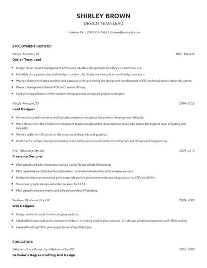 Design Team Lead Resume