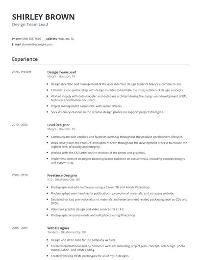 Design Team Lead Resume