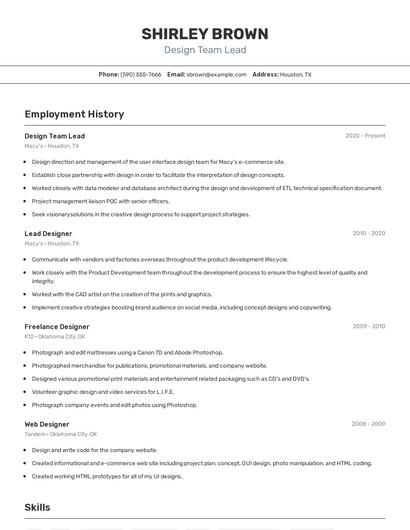 Design Team Lead Resume