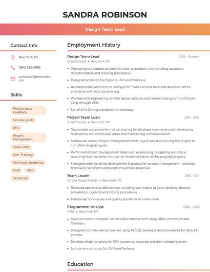 Design Team Lead Resume