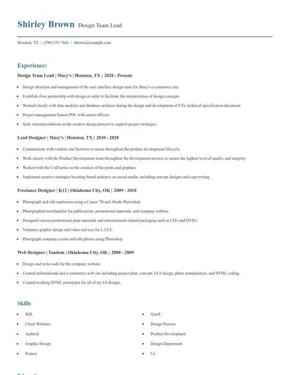 Design Team Lead Resume