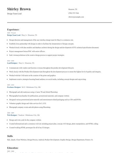 Design Team Lead Resume