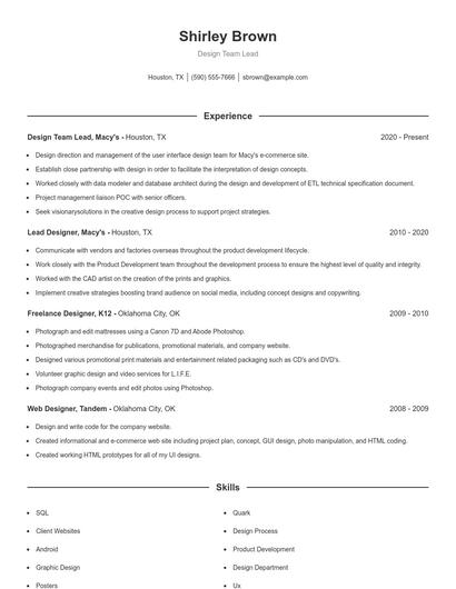 Design Team Lead Resume