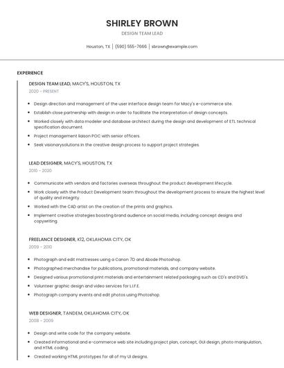Design Team Lead Resume