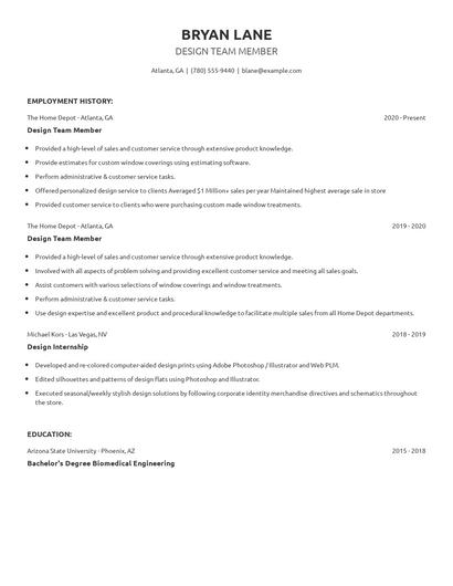 Design Team Member Resume