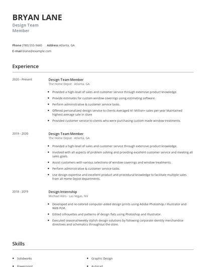Design Team Member Resume