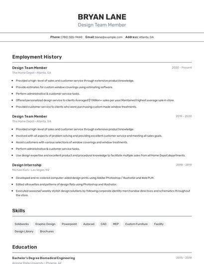 Design Team Member Resume