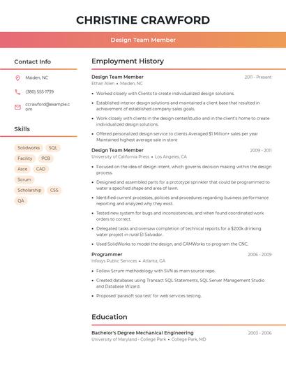 Design Team Member Resume