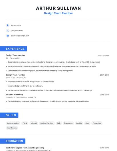 Design Team Member Resume