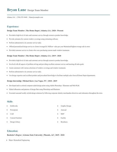 Design Team Member Resume