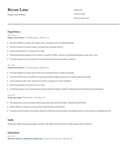Design Team Member Resume