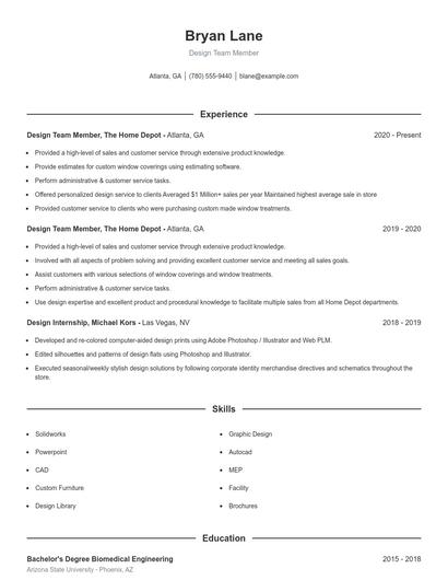 Design Team Member Resume
