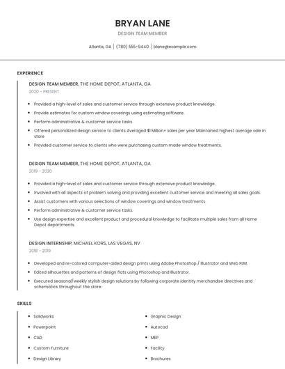 Design Team Member Resume