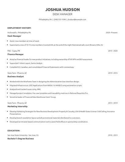 Desk Manager Resume
