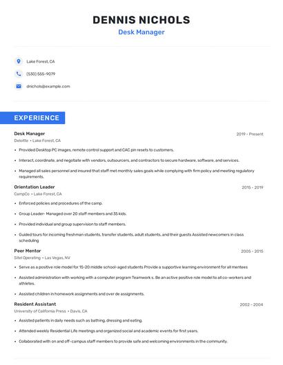 Desk Manager Resume