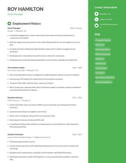 Desk Manager Resume