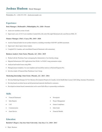 Desk Manager Resume