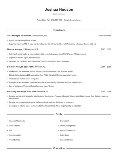 Desk Manager Resume