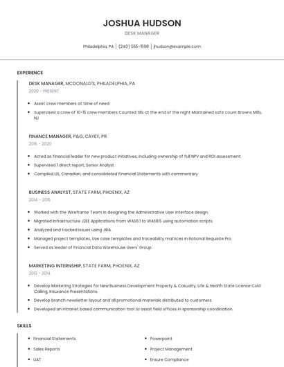 Desk Manager Resume