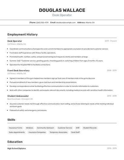 Desk Operator Resume