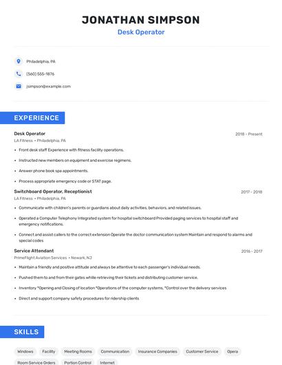 Desk Operator Resume