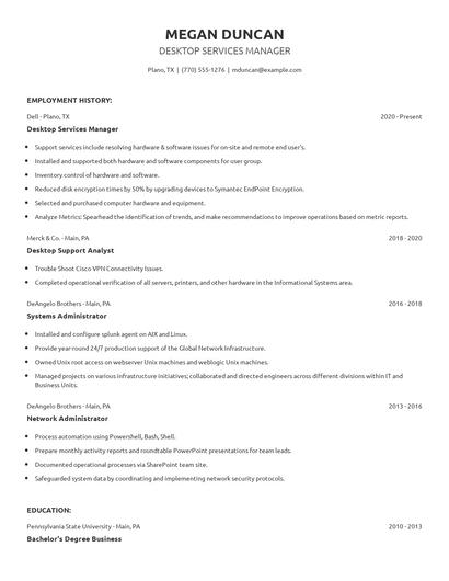 Desktop Services Manager Resume