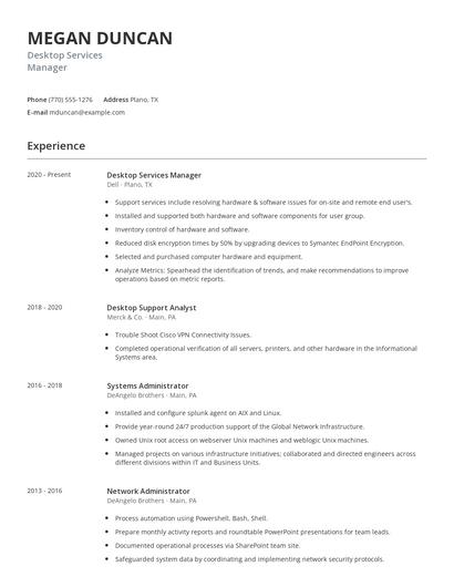 Desktop Services Manager Resume