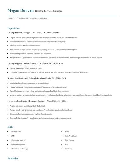 Desktop Services Manager Resume