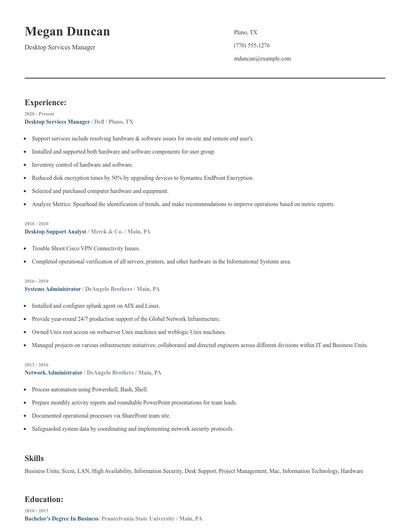 Desktop Services Manager Resume
