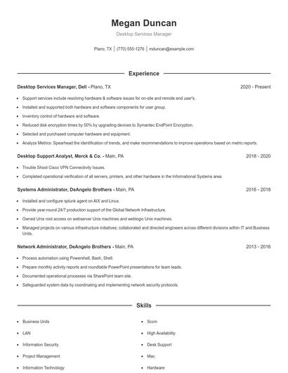 Desktop Services Manager Resume