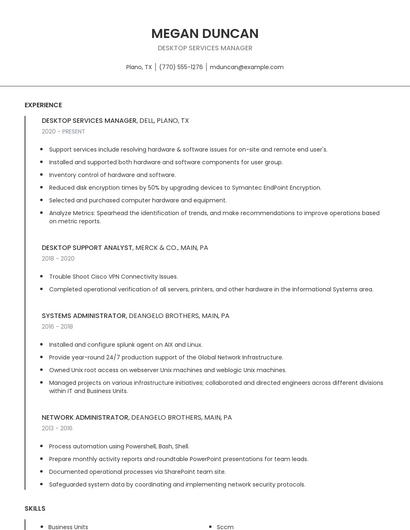 Desktop Services Manager Resume