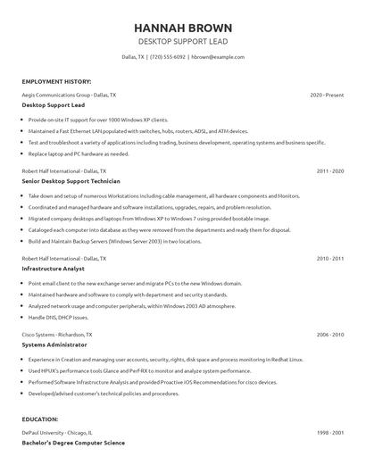 Desktop Support Lead Resume