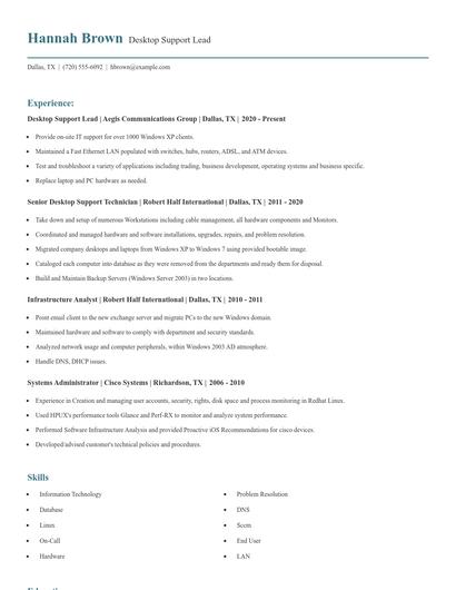 Desktop Support Lead Resume
