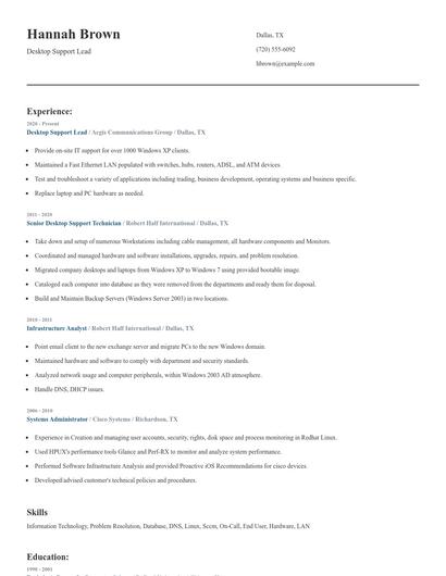 Desktop Support Lead Resume